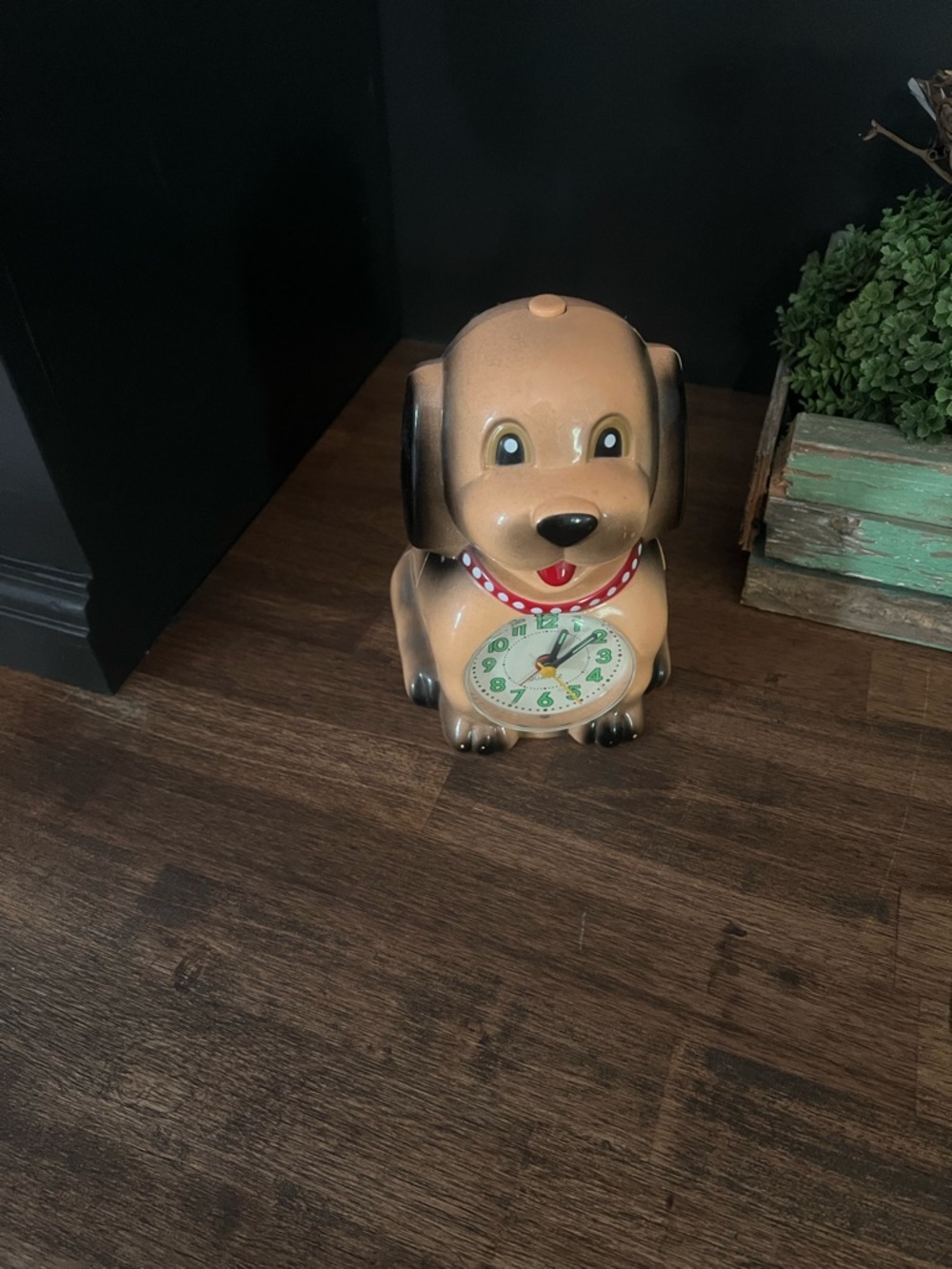 Vintage - Antique- Playful Dog Alarm Clock Figurine in Tan w/ Red Collar- works!